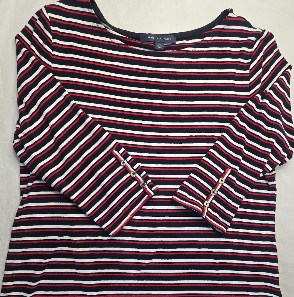 Tommy Hilfiger Striped Boat Neck Top Navy Red White Nautical 3/4 Sleeve Button L